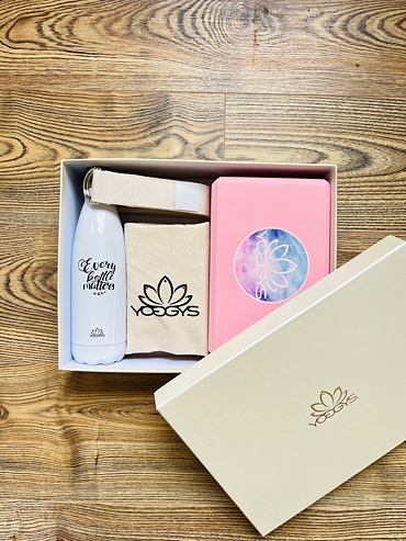 Dárkový set s termo láhví, jógovým bločkem a páskem NATURAL - růžovo-béžová