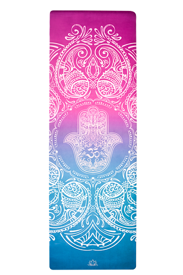 YOGGYS [HAMSA SPIRITUAL] tyrkysová/fialová designová jógová podložka s hamsou 